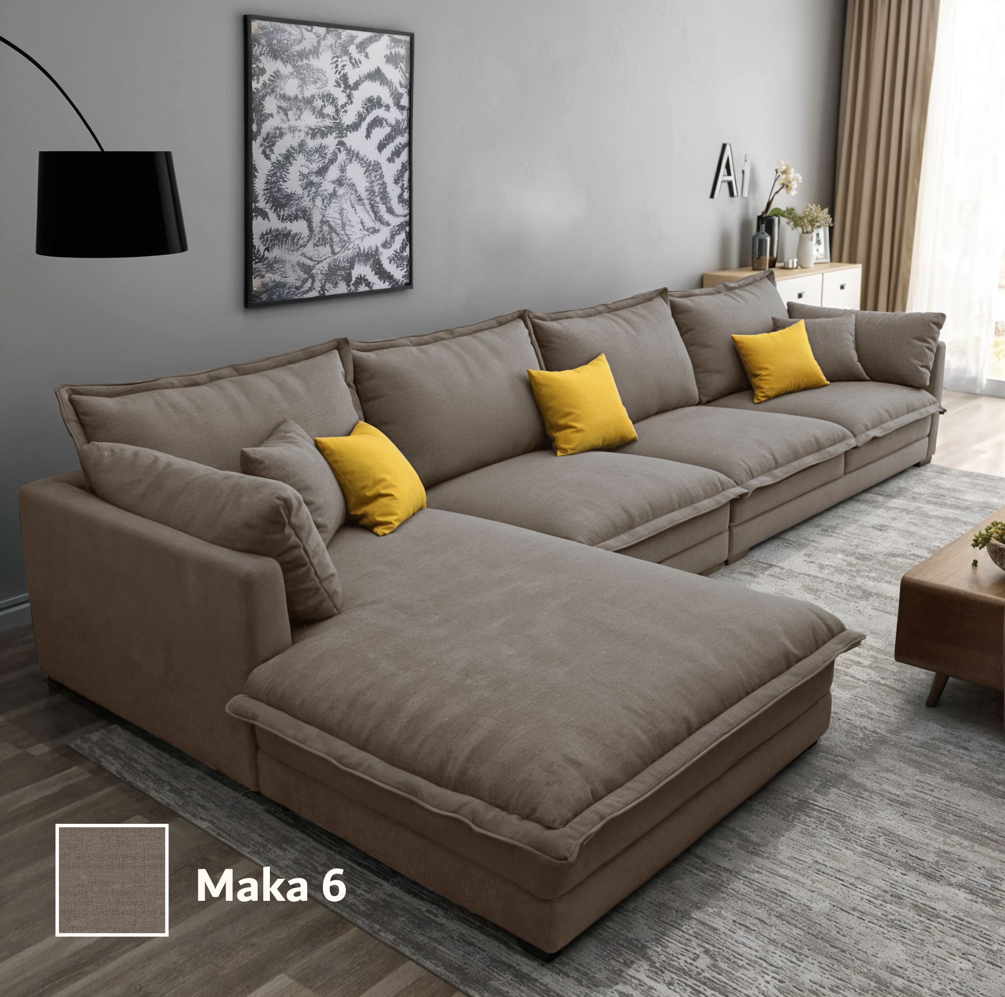 Two-piece L-shaped corner sofa, made of musk wood, and linen fabric, 300x200x80x70 cm - Brown
