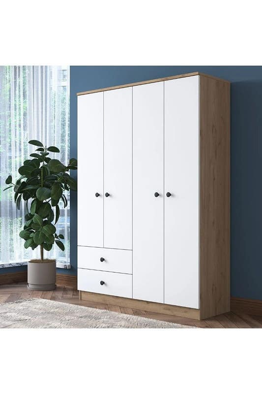 MDF Wood Wardrobe with Drawers, 160x50x200 Cm - White Beige