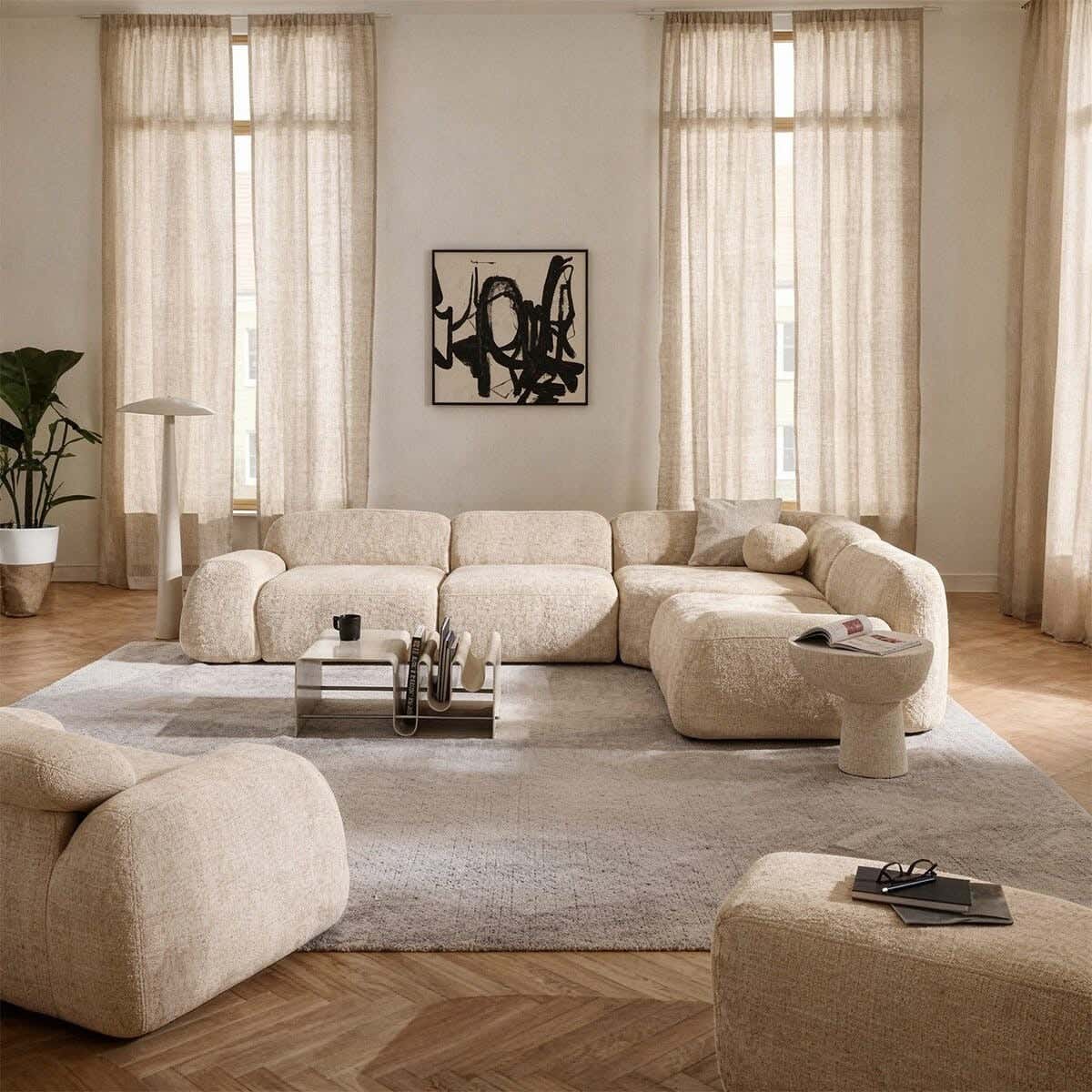 L-shaped corner sofa, beech wood, linen, 200x300x90x80 cm - Beige