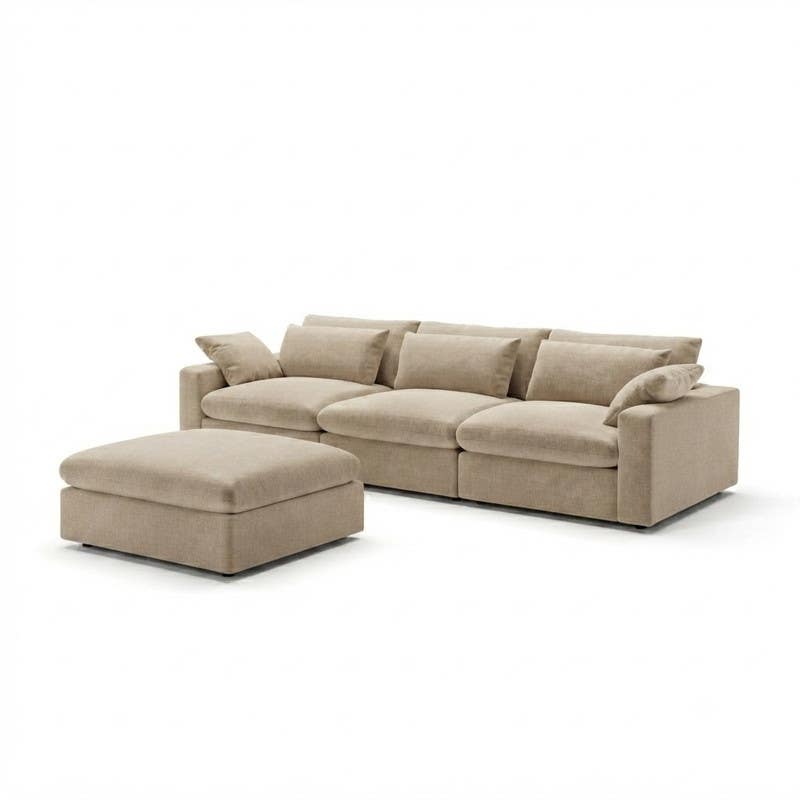 Beech wood sofa and pouf, 80×240×75 cm, linen fabric - beige