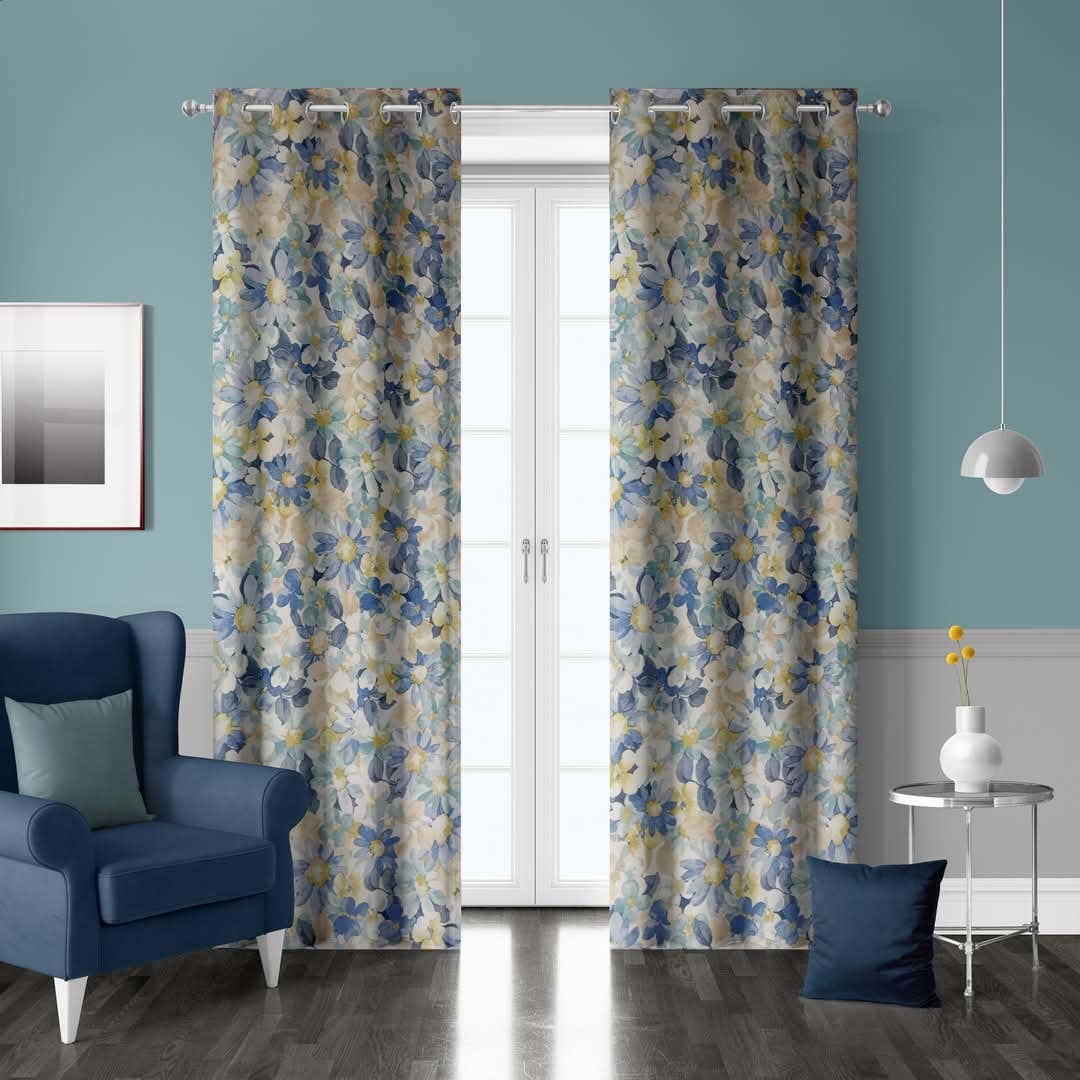 Heavy Velvet Printed Curtains with Belts, 2 Pieces, 2.75 x 1.45m - Multicolor