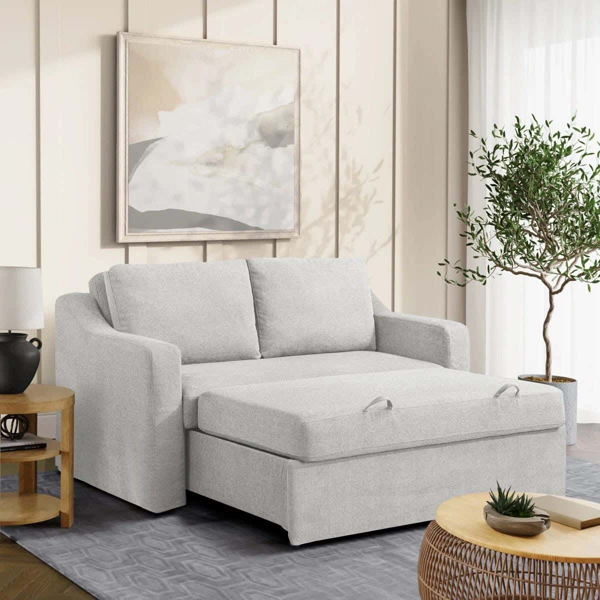 Beech wood sofa bed with velvet fabric, 180×140×80 cm - Off-white