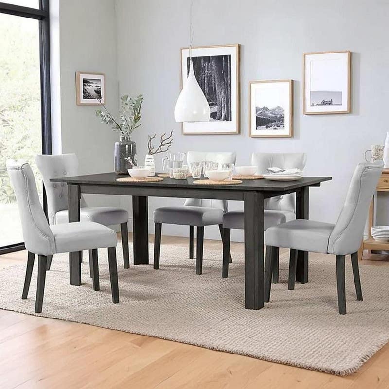 Beech Wood And Mdf Velvet Dining Room Set, 7 Pieces, 6 Chairs, Dinning Table - Black Grey