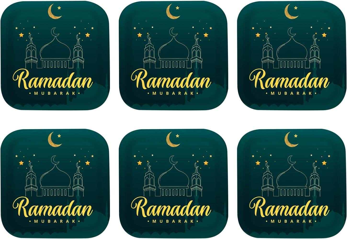Ramadan Kareem Design Colorful Paper Birthday Party Plate, 24X24cm, 6 Pieces - Green