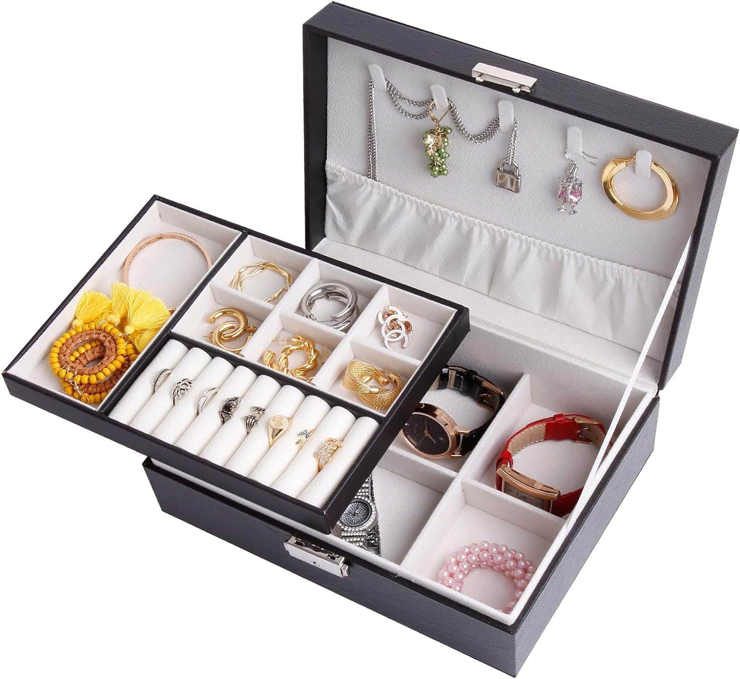 Leather Jewelry Organizer Box With Wooden Frame, Soft Lining - Black