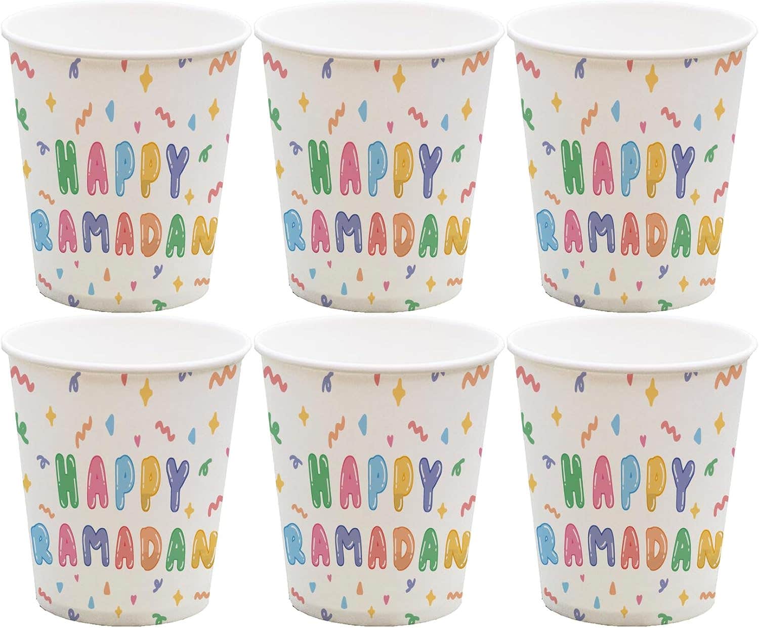 Ramadan Kareem Design Colorful Paper Ramadan Party Cup, 300Ml, 6 Pieces - Multicolor