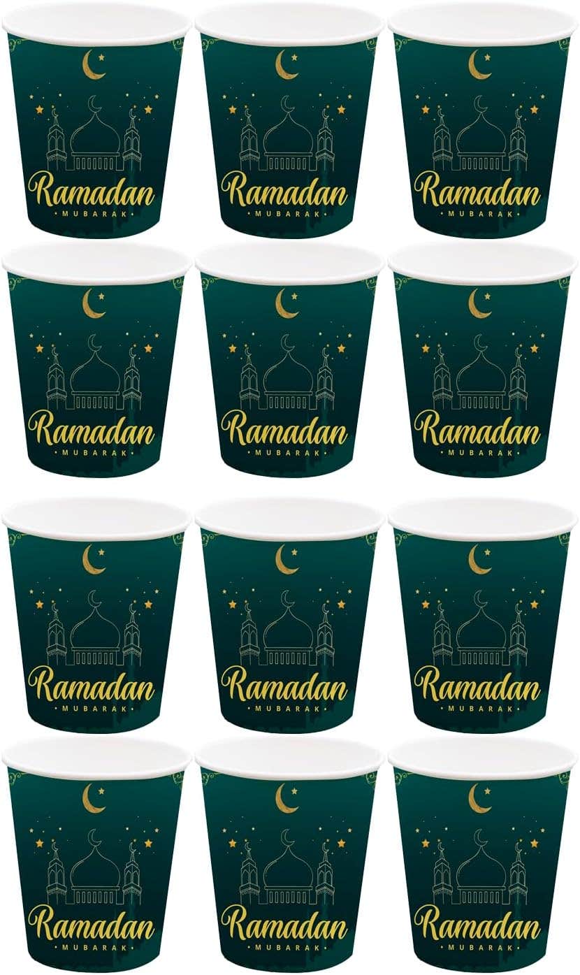 Ramadan Kareem Design Colorful Paper Ramadan Party Cup, 300Ml, 12 Pieces - Green