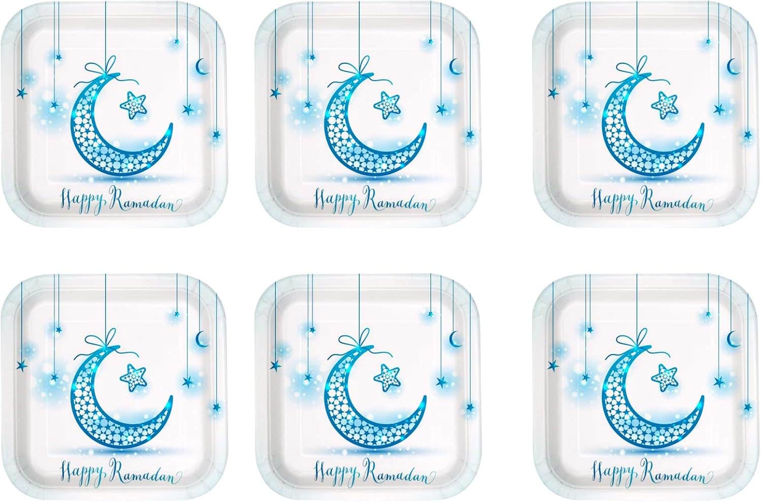 Ramadan Kareem Design Colorful Paper Birthday Party Plate, 24X24cm, 6 Pieces - White Blue