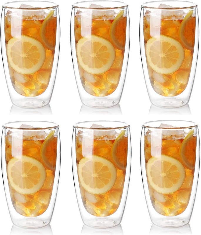 6 Double-Walled Glass Cups, 450ml - Clear