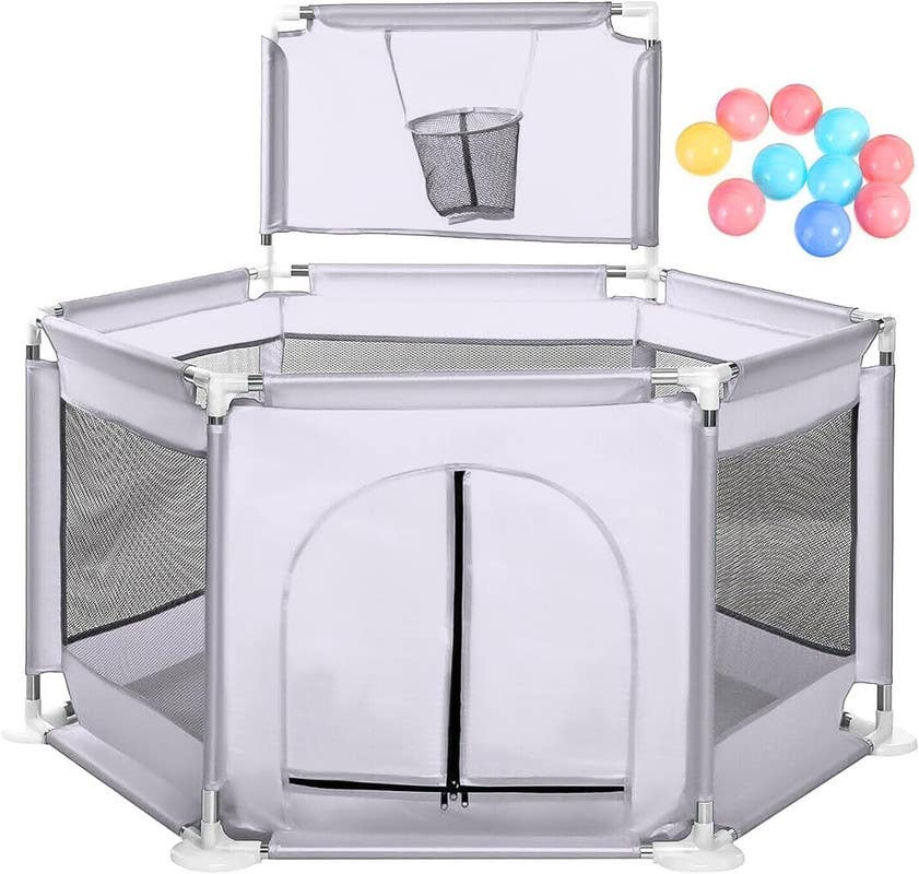 Playpen with Basket for Babies And Toddlers - Grey