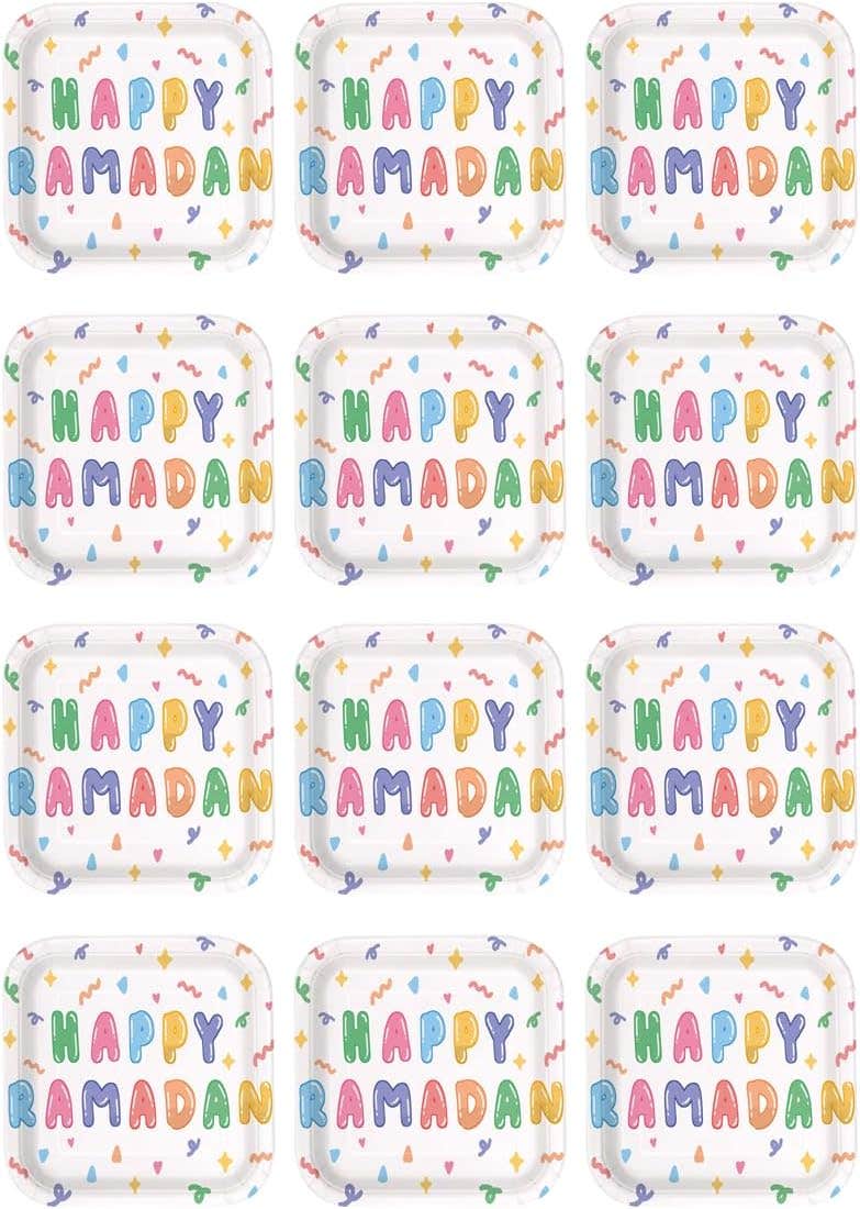 Ramadan Kareem Design Colorful Paper Birthday Party Plate, 24X24cm, 12 Pieces - Multicolor