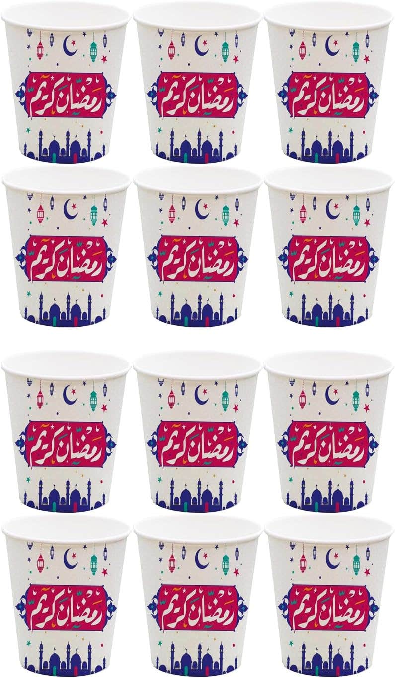 Ramadan Kareem Design Colorful Paper Ramadan Party Cup, 300Ml, 12 Pieces - Multicolor
