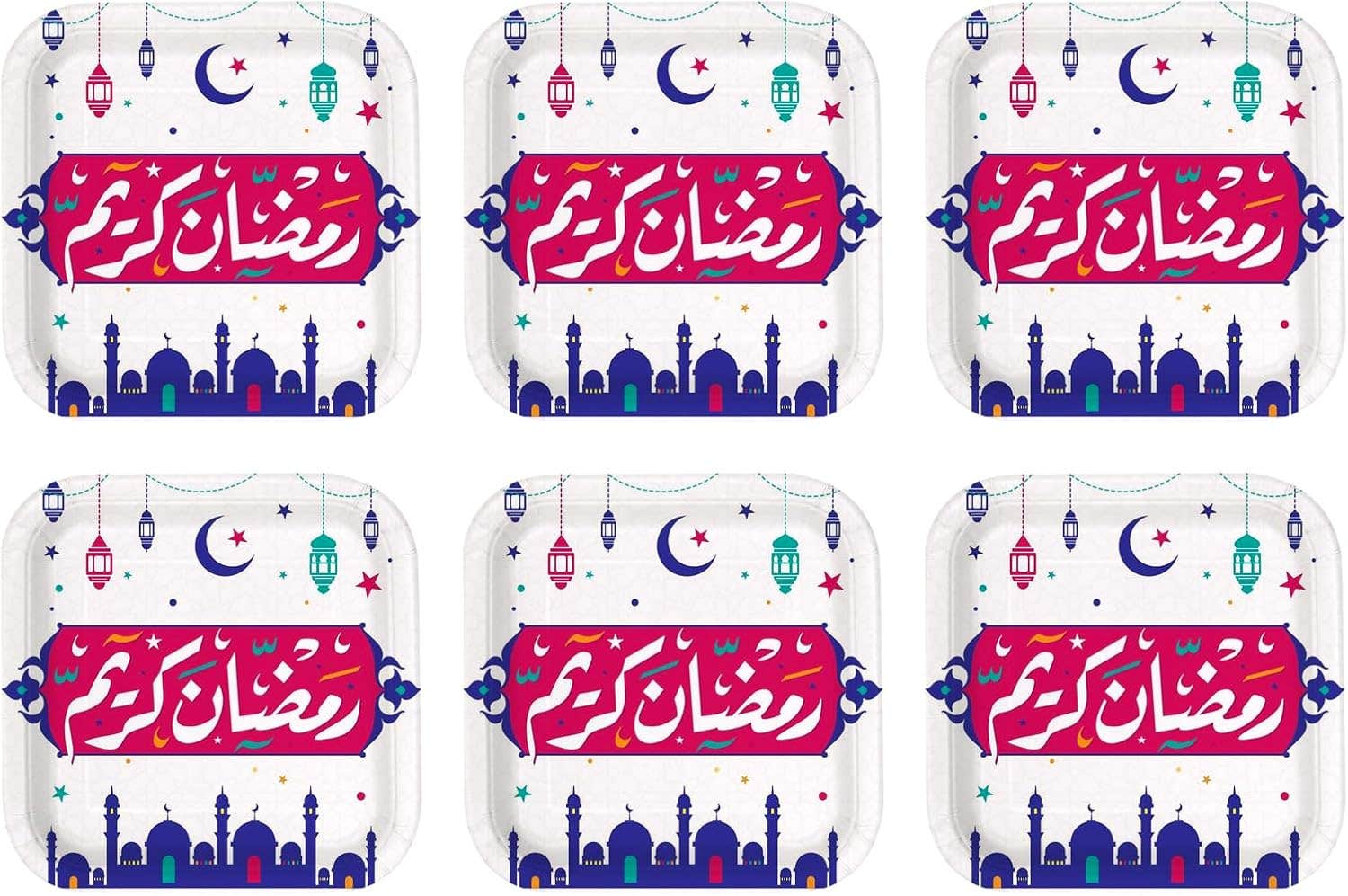 Ramadan Kareem Design Colorful Paper Birthday Party Plate, 24X24cm, 6 Pieces - Multicolor