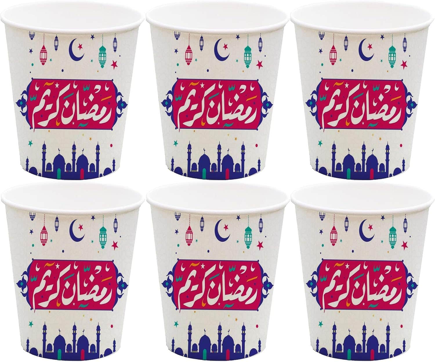 Ramadan Kareem Design Colorful Paper Ramadan Party Cup, 300Ml, 6 Pieces - Multicolor