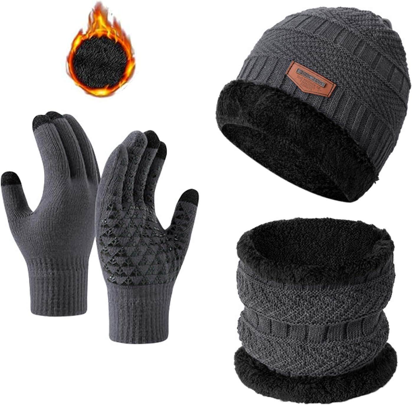 TXC-JY Winter Warm 3-in-1 Knitted Set with Touch Gloves - Black Gray