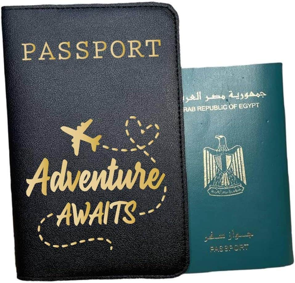 Leather Passport Cover, One Sided Printing, Advanture awaits - Black