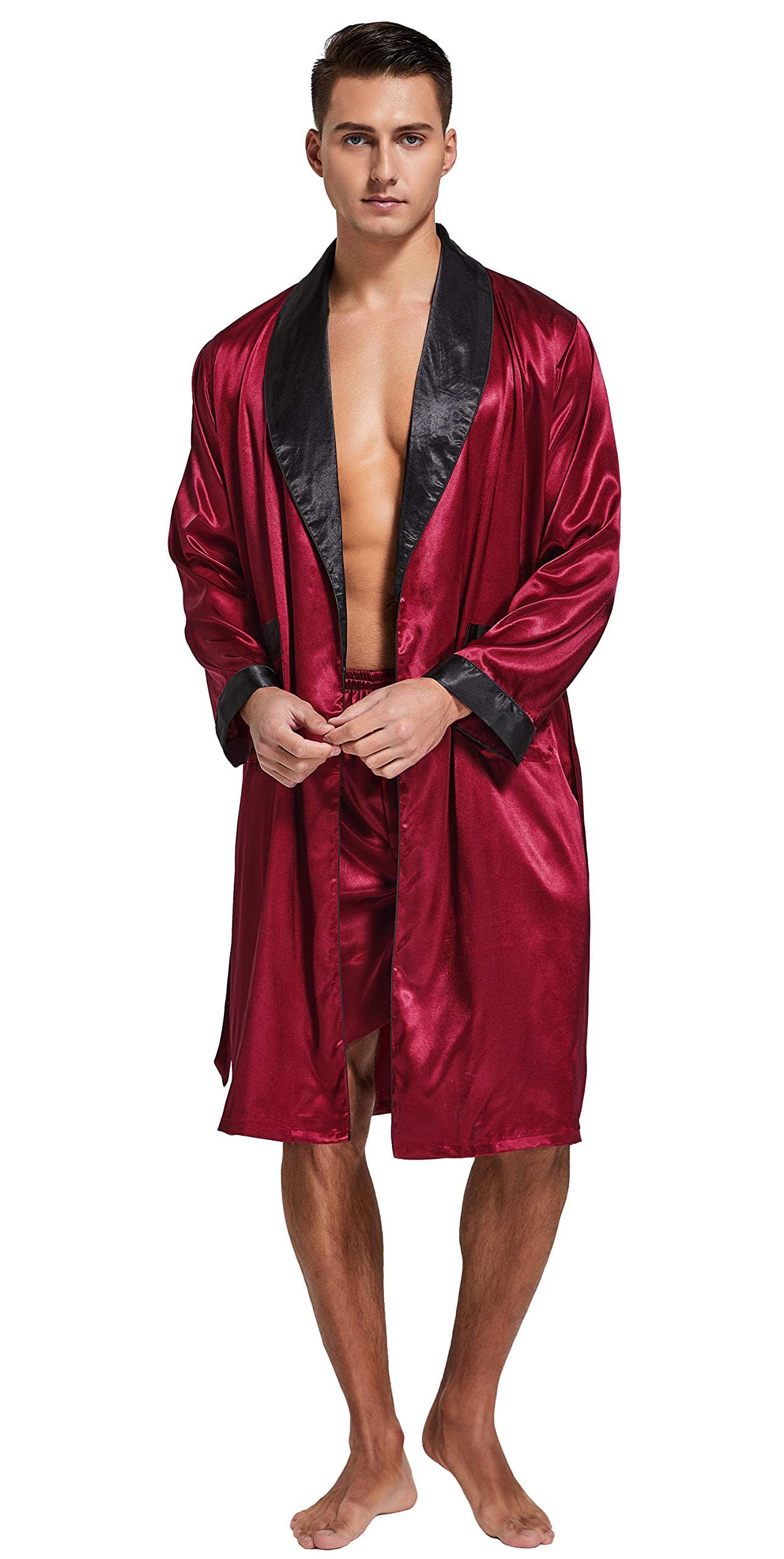 Satin Robe with Shorts And Waist Belt Set for Men, 3 Piece