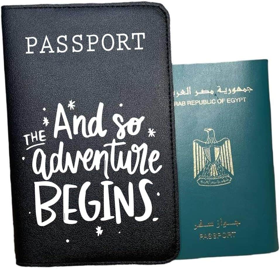 Leather Passport Cover, One Sided Printing, And so the adventure begins - Black