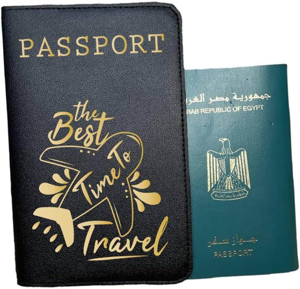 Leather Passport Cover, One Sided Printing, The Best Time To Travel - Black
