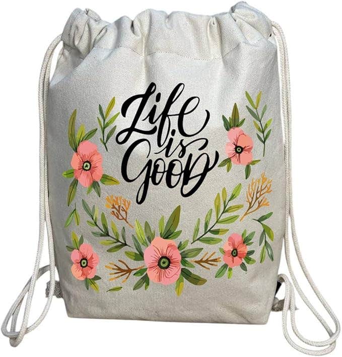 Cotton Drawstring Bag, One Sided Printing, Life is Good, 40x50 cm - Off White