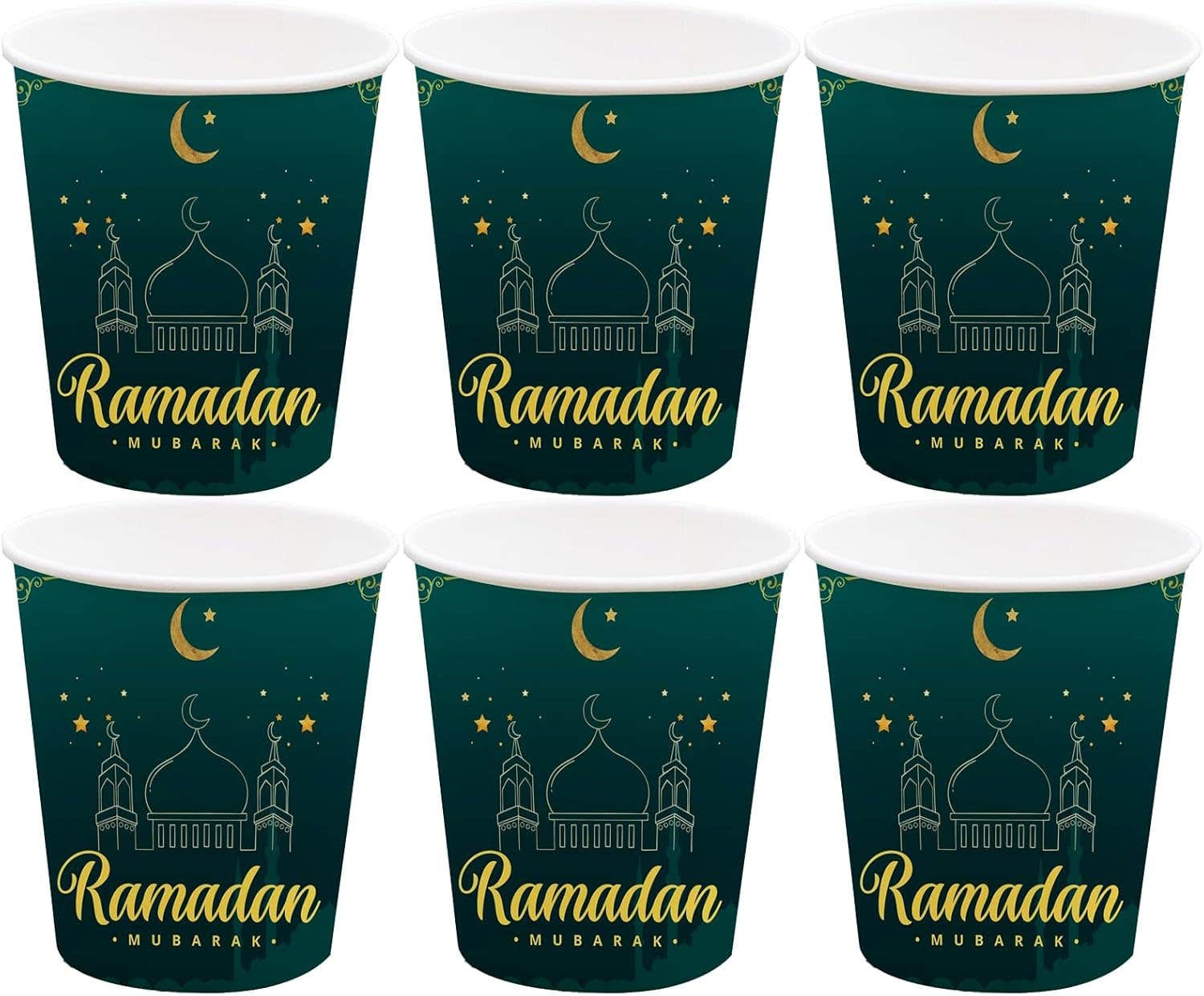 Ramadan Kareem Design Colorful Paper Ramadan Party Cup, 300Ml, 6 Pieces - Green