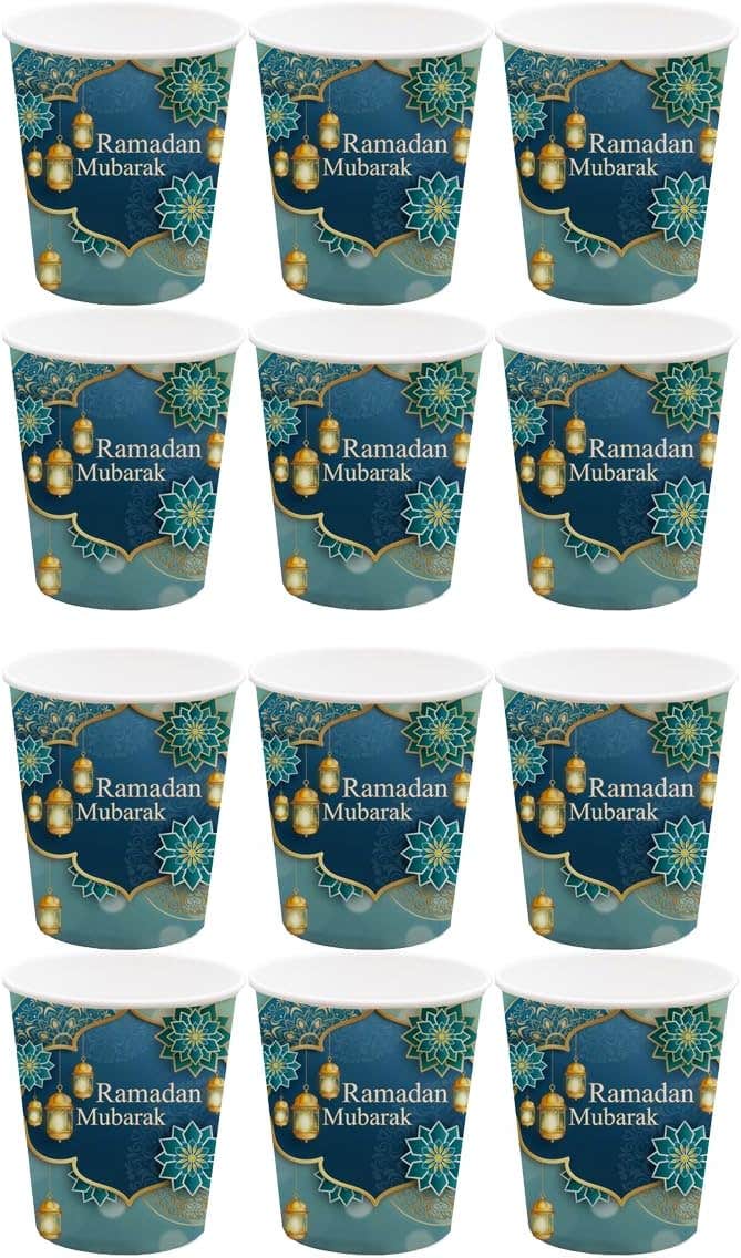 Ramadan Kareem Design Colorful Paper Ramadan Party Cup, 300Ml, 12 Pieces - Green