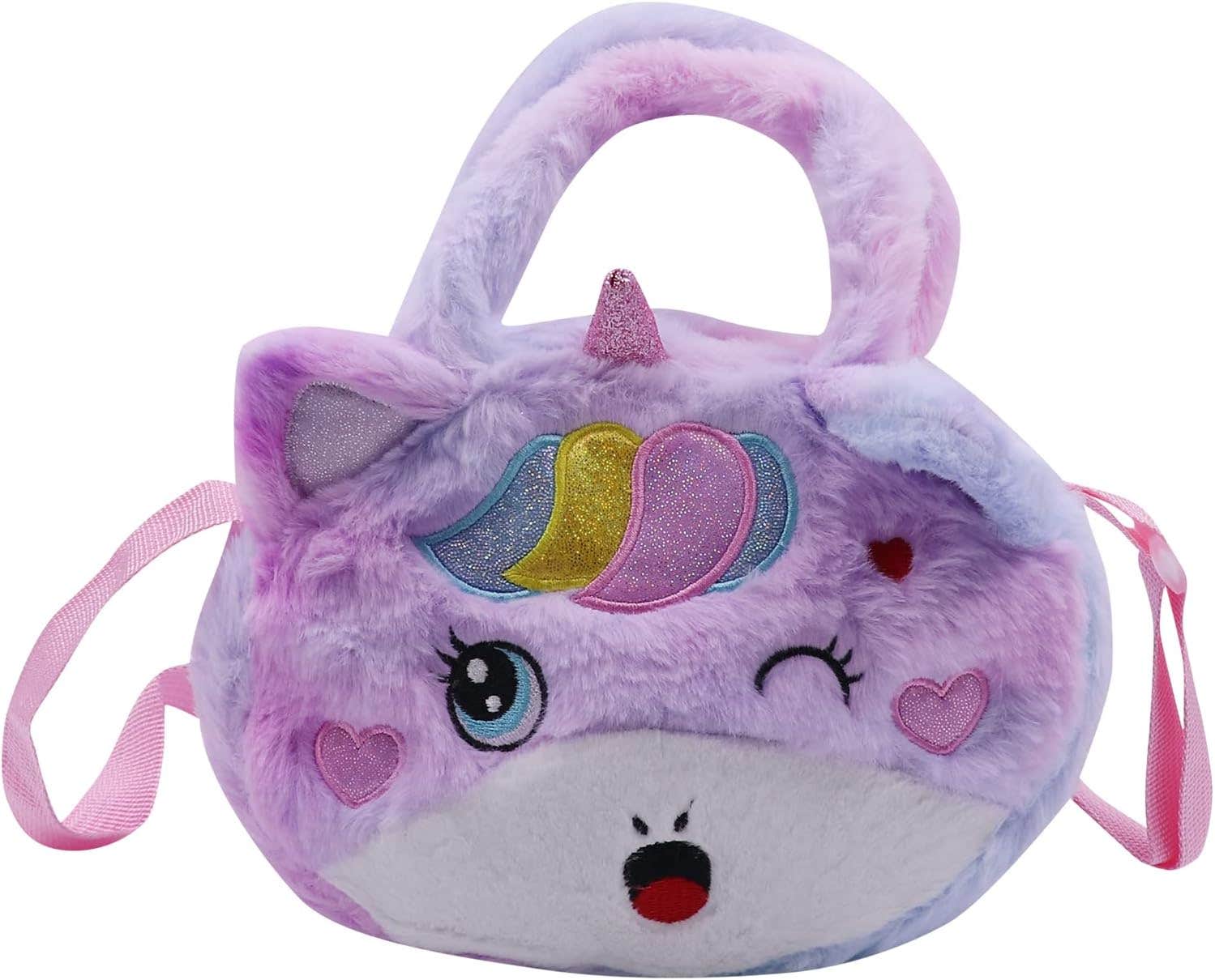 Amamcy Unicorn Faux Fur And Plush Crossbody Bag for Girls , 9.8X8.6X2.3 In - Purple