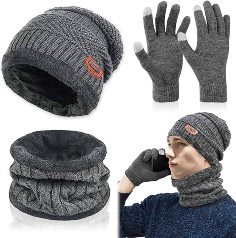 Casenly Winter Beanie Hat Scarf Gloves Set - Grey