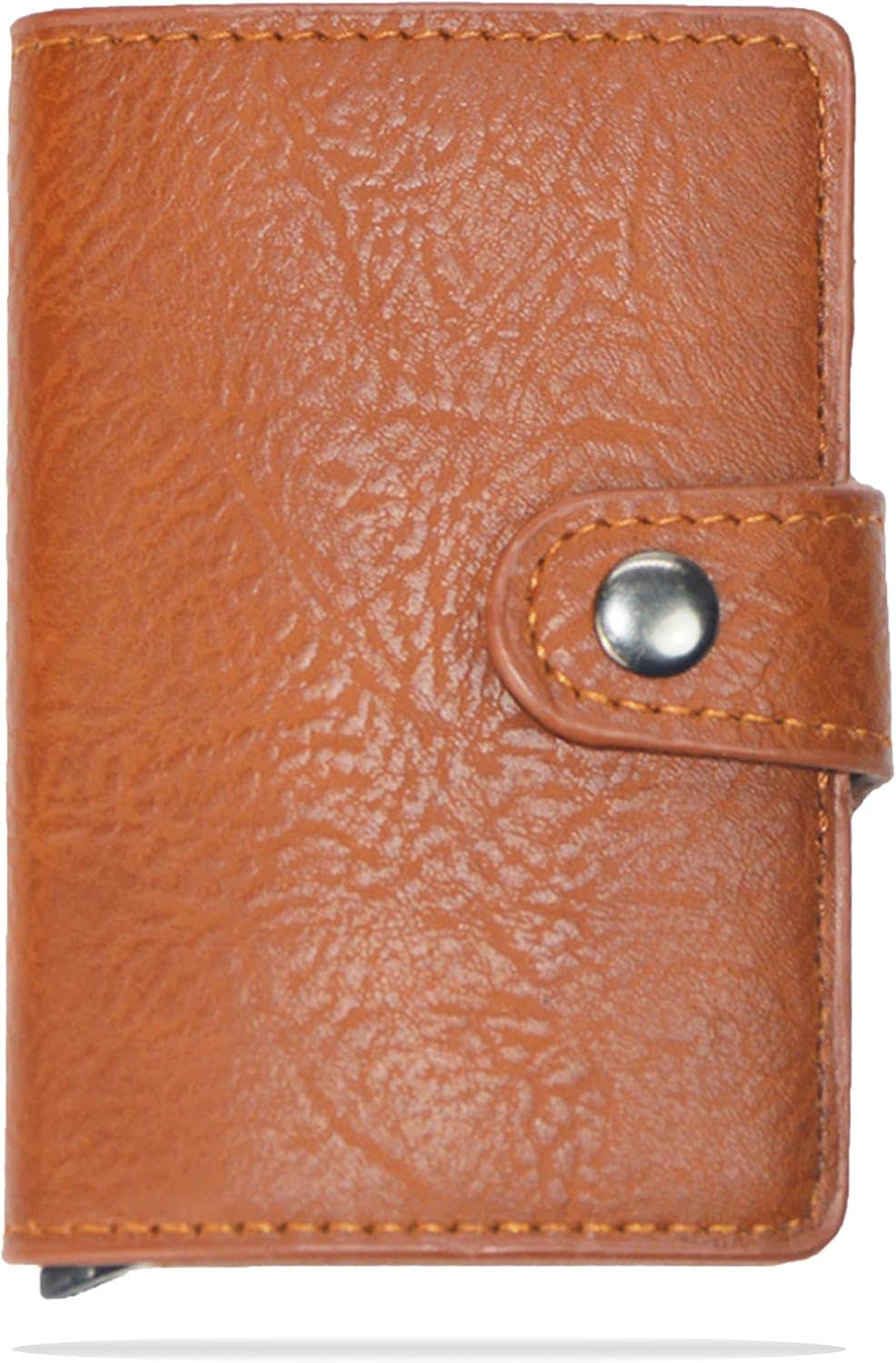 BabioKa Metal And Leather Security Card Holder Wallet for Men , 10X7.2X1.9 Cm - Brown