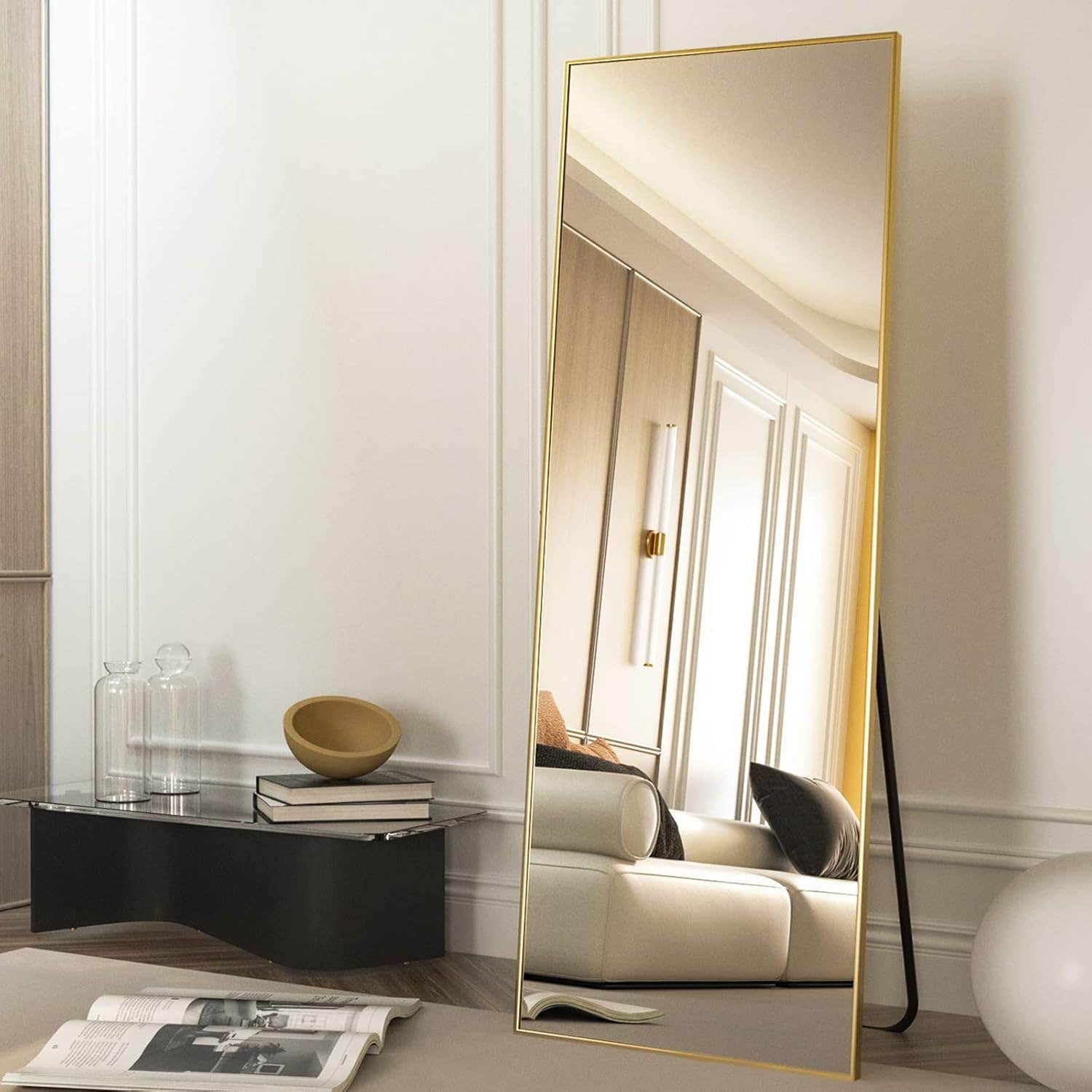 Lion Hose Rectangular Folding Metal Frame Stand Mirror, 170×60 Cm - Golden