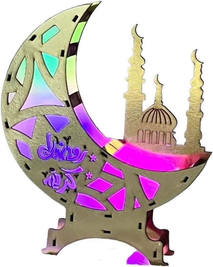 Ramadan Crescent with Colored Light, Wood, 30 x 30 cm - Gold
