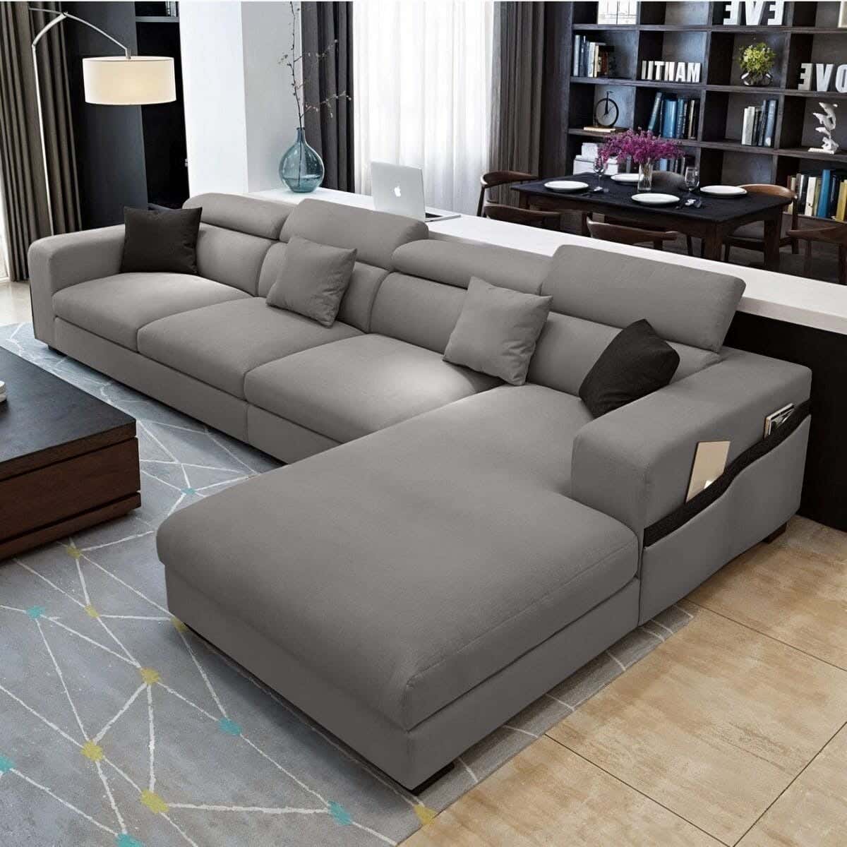 L-shaped corner sofa, beech wood, linen, 200x320x90x75 cm - Gray