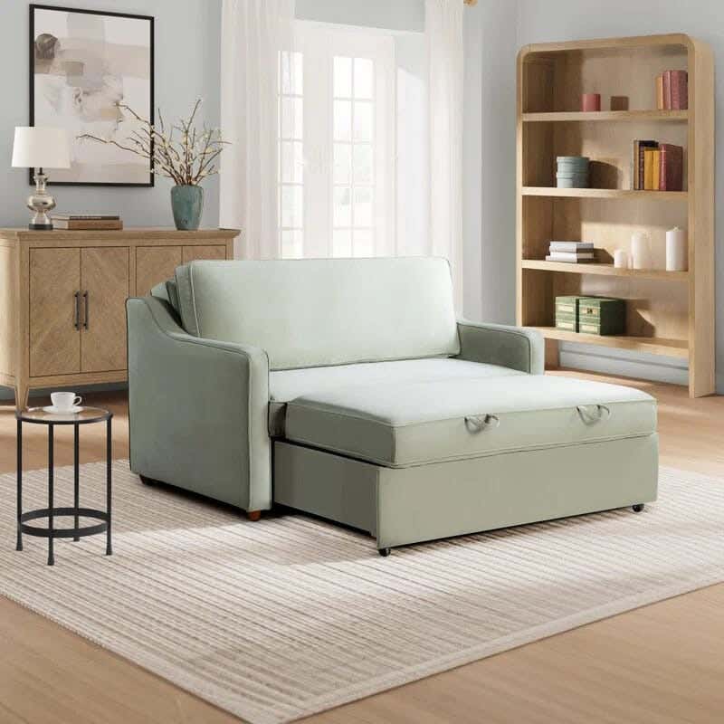 Beech wood sofa bed with velvet fabric, 180×140×80 cm - light green