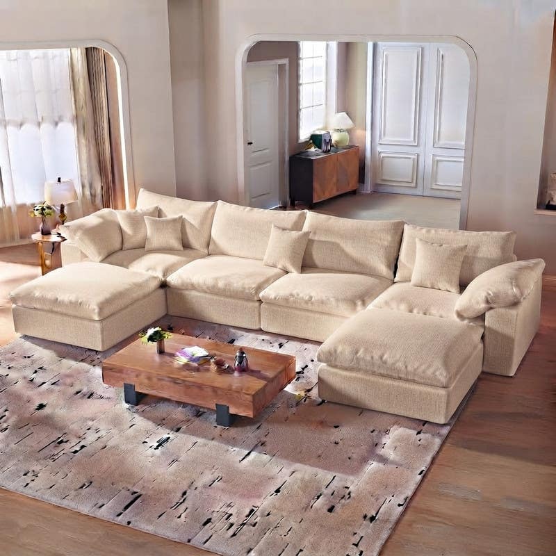 Sofa and 2 poufs, beech wood, 80 x 320 x 75 cm, linen fabric - beige