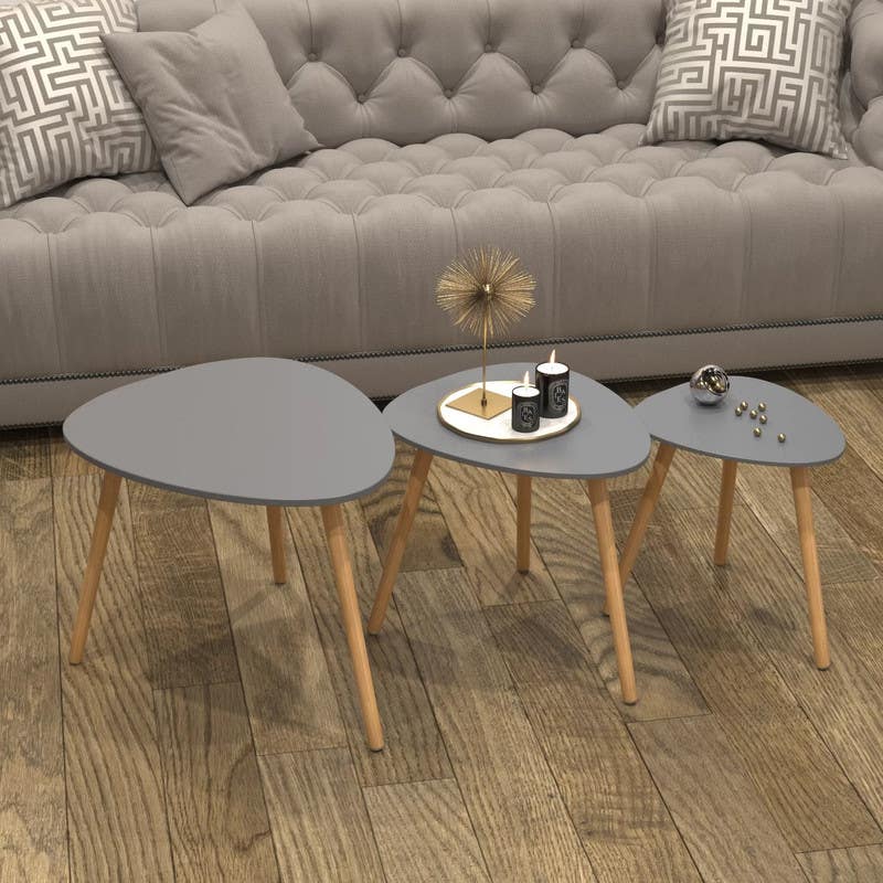 Beech & Counter Wood Side Table Set, 3 Pieces - Grey