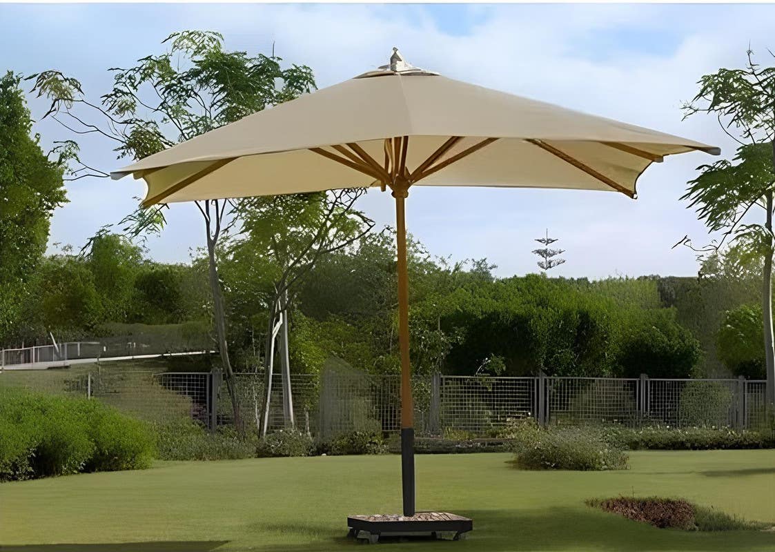 Outdoor fabric sun umbrella, 300x300 cm, with wheels and brakes, beech wood - beige