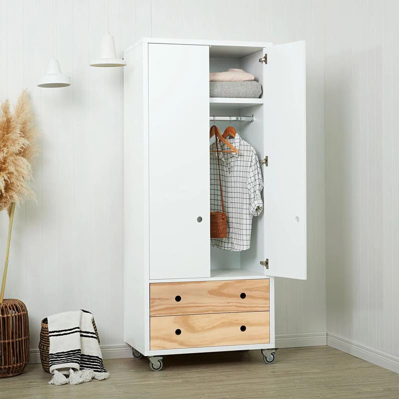 Wood Wardrobe with Drawers, 80x50x190 Cm - White