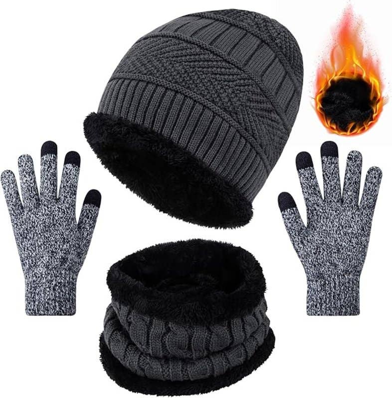 Chalier Cmfort Winter Beanie Hat Scarf Gloves Set - Grey