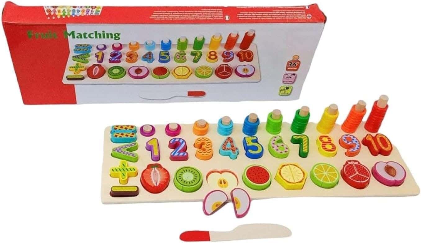 Alsafwa W45-25 3X1 Wooden Numbers and Fruit Geometric Shape Kids Skills Development Toy - Multicolor