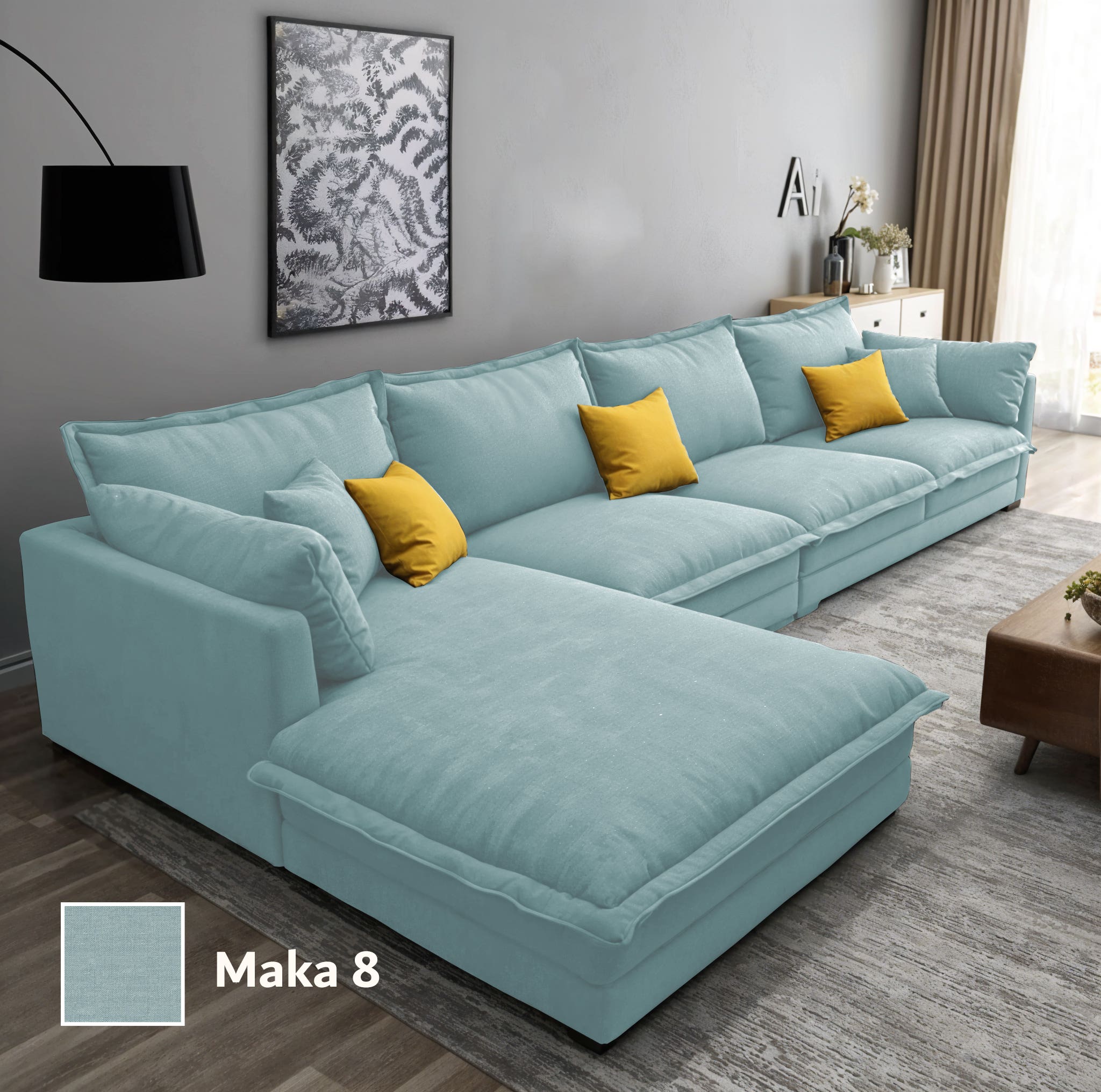 Two-piece L-shaped corner sofa, made of Mosky wood, and linen fabric, 300x200x80x70 cm - Light Blue