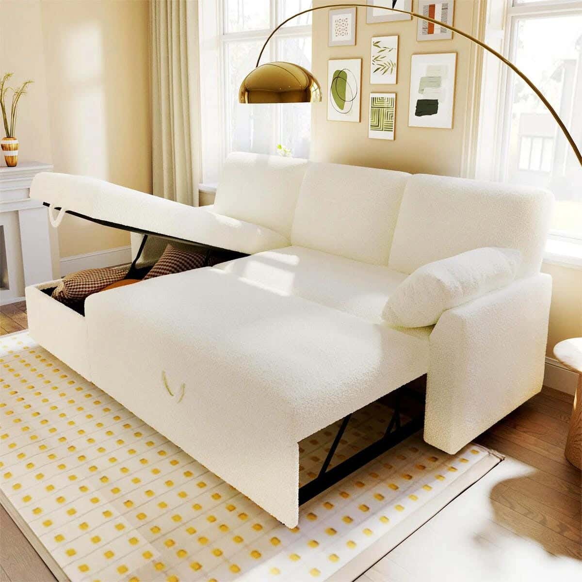 Corner bed with storage, beech wood and panda fabric, 140×280×80 cm - Off-white