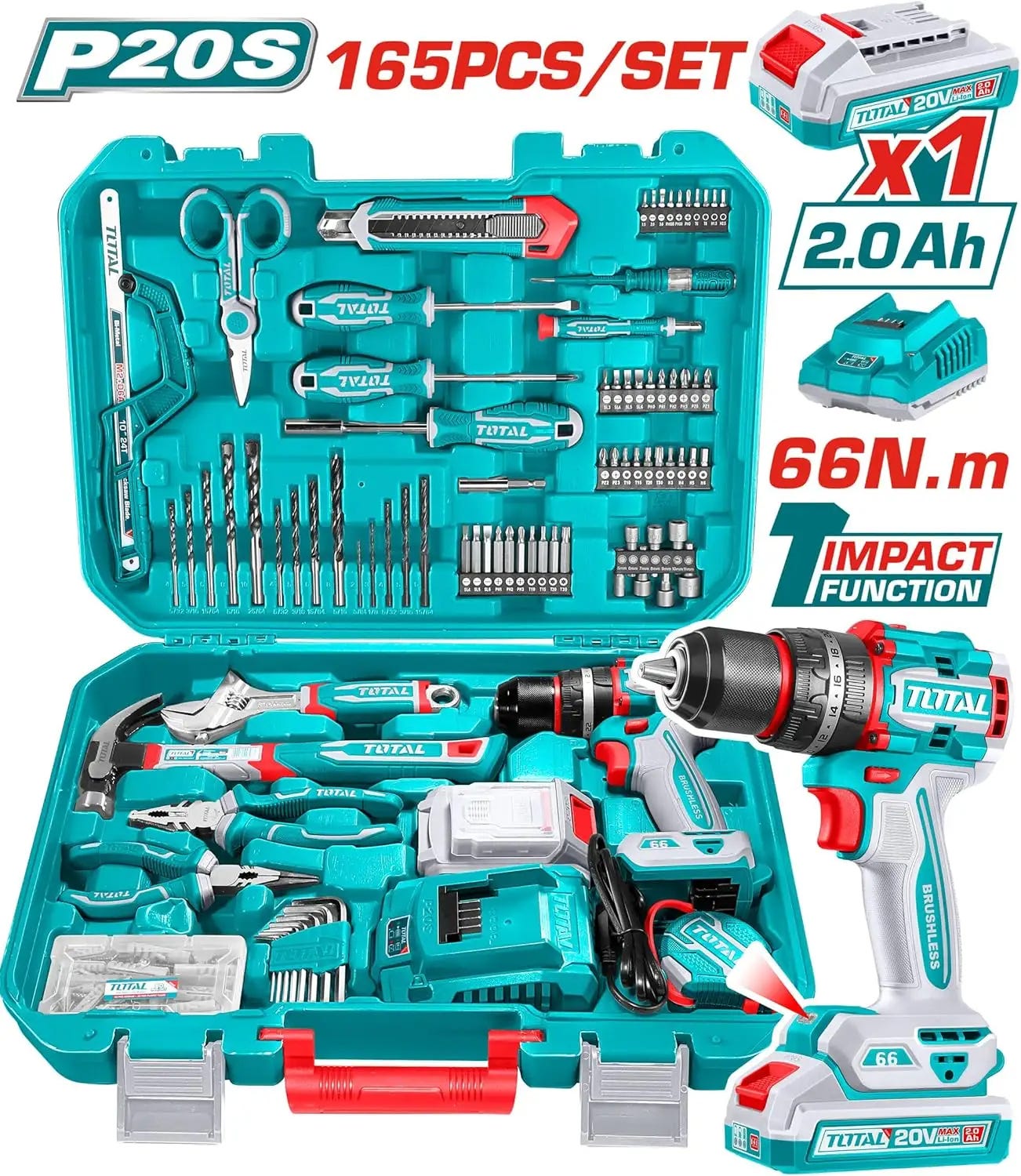 Total electrical tool kit, 165 pieces, 20 volts - Blue