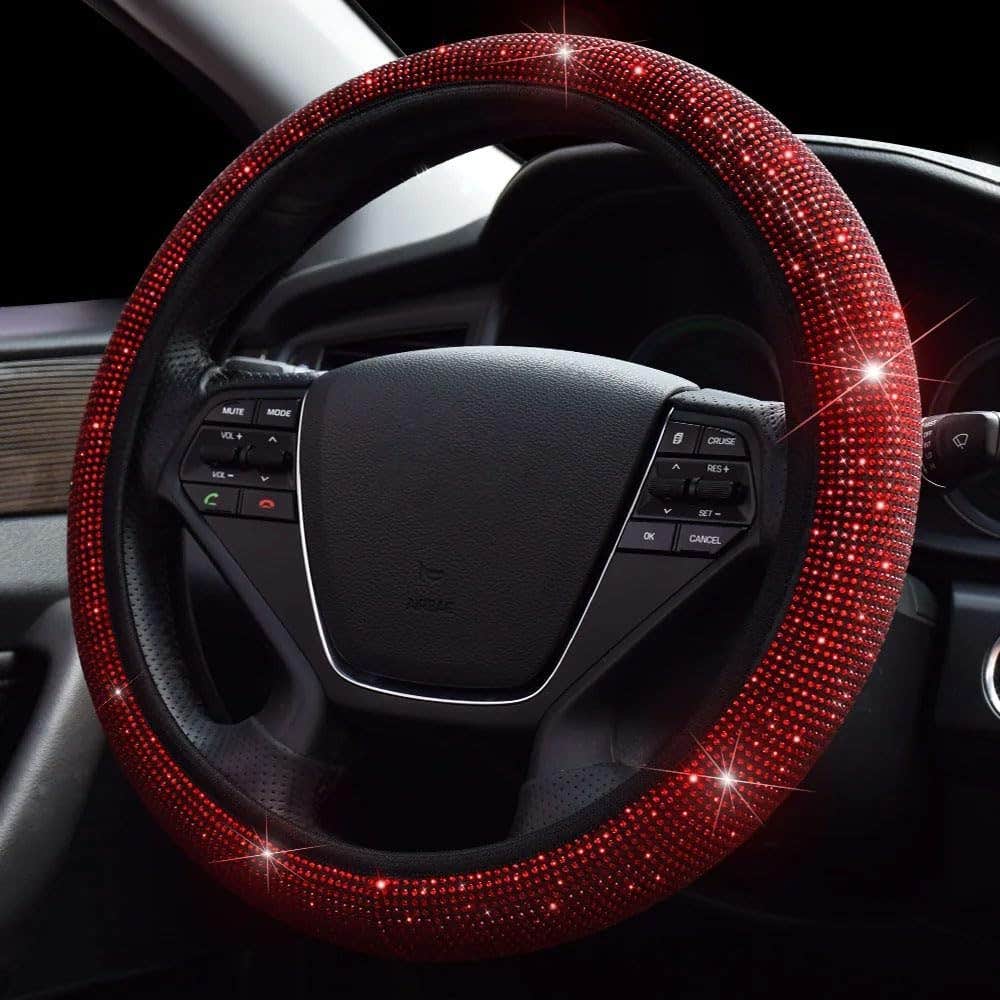 Steering Wheel Cover With Rhinestones - Red