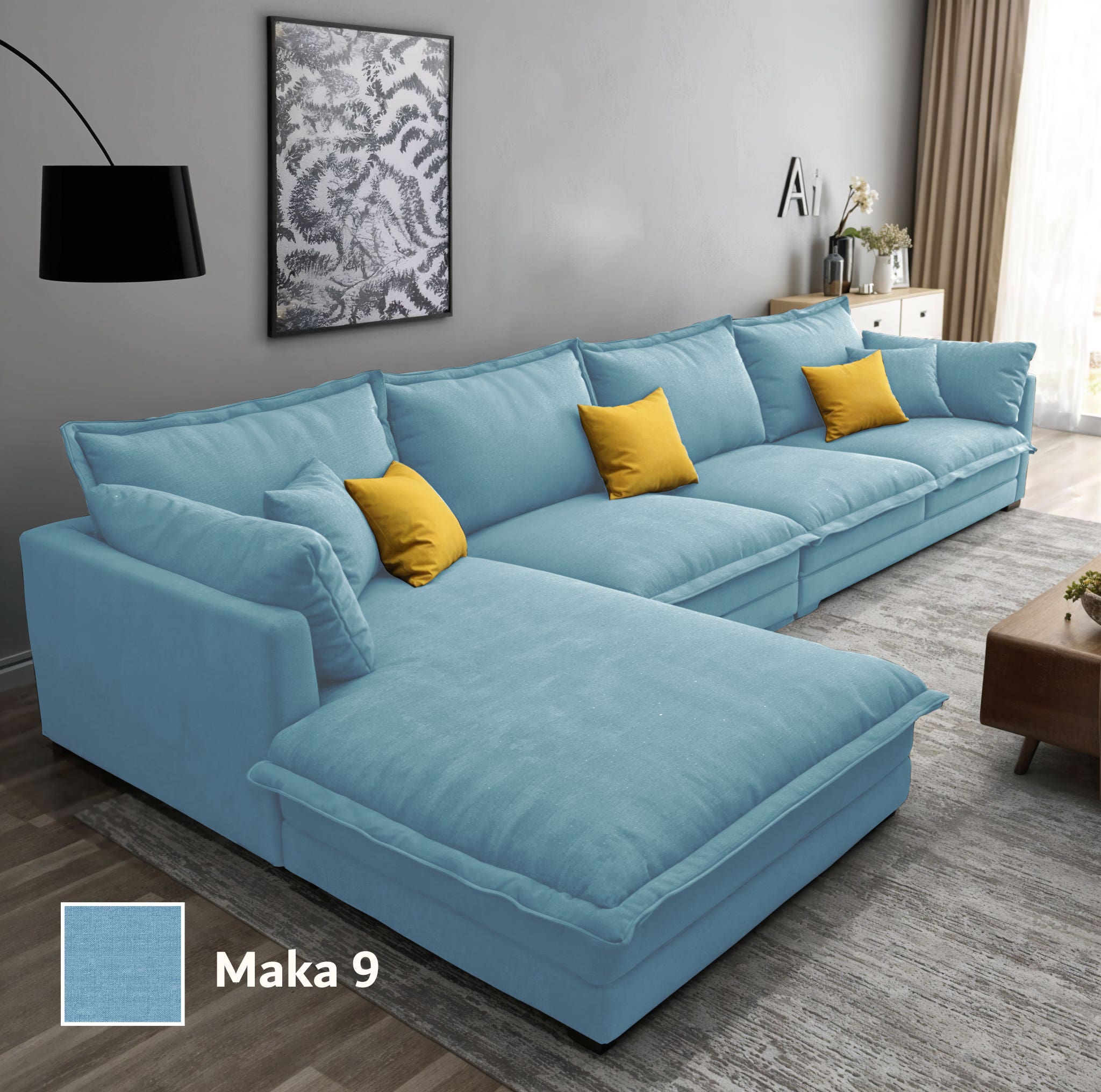 Two-piece L-shaped corner sofa, made of Mosky wood, and linen fabric, 300x200x80x70 cm - Turquoise