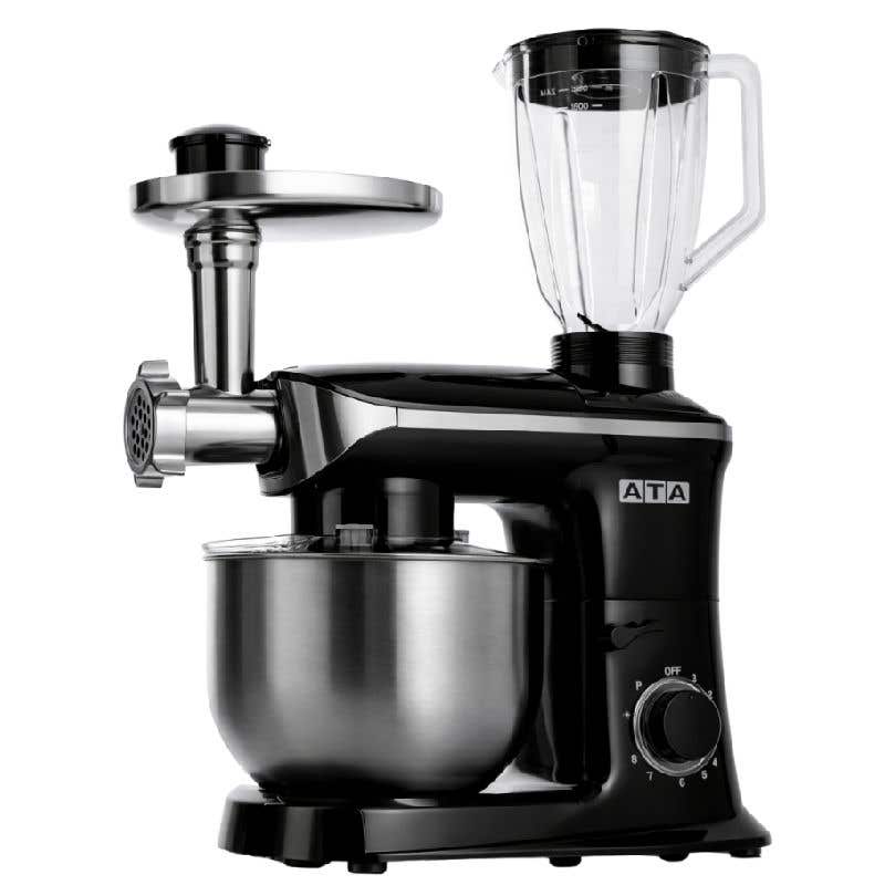 ATA KIT-0001 Food Processor Kneading Machine, 6 Liter, 2000 Watt, with Blender 1.8 Liter and Meat Grinder - Black Silver
