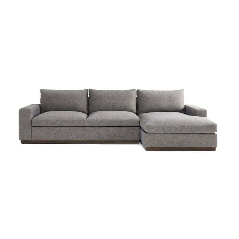Modern corner sofa, red beech wood, 260x180x80 cm, linen - gray