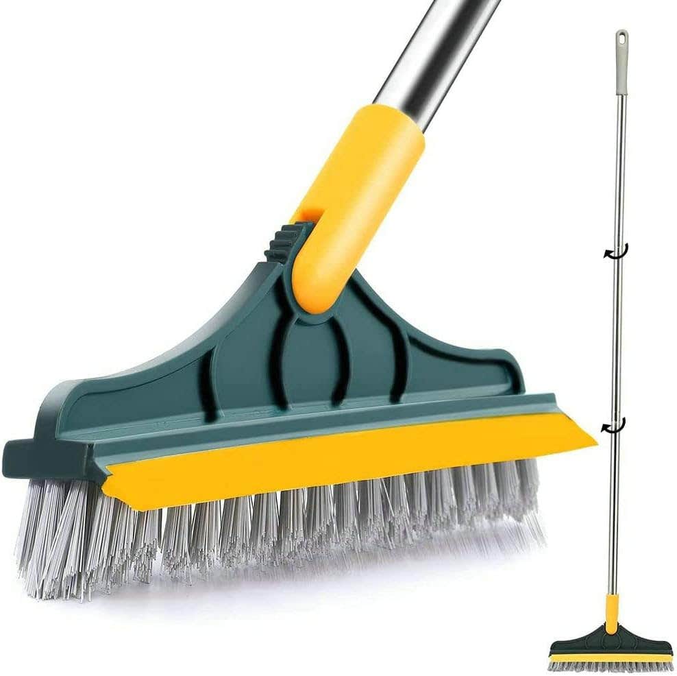Telescopic Floor Scrub Brush with Squeegee - Green Yellow