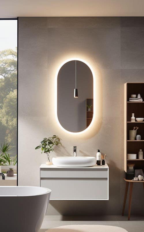 Modern Mirror, Glass, Led Lighting, 55X70 Cm - Silver