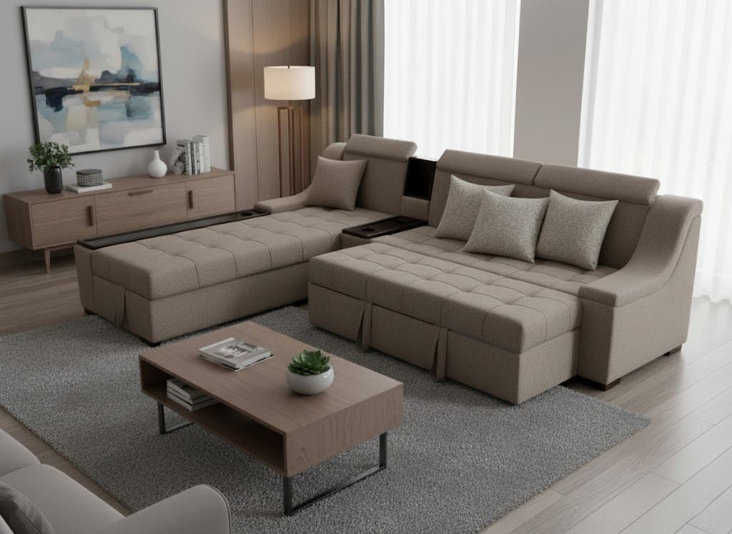 Muskey Wood Flying Sofa Bed,  Tweet Linen Fabric, 2 Pieces, 135x85x185 cm, with Storage & Cup Holder, USB, 4 Cushions - Beige