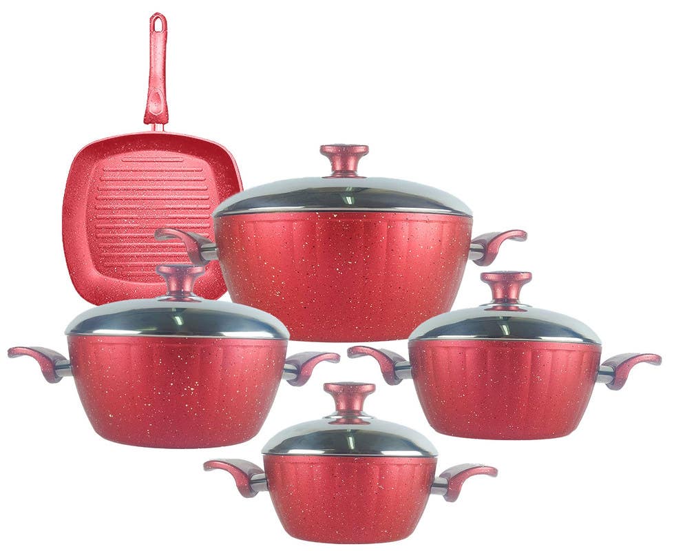 Aktef Granite Cookware Set, 9 Pieces, With Grill - Red